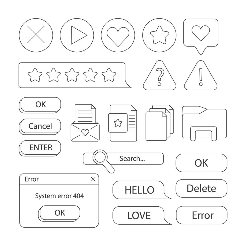 Set of retro stickers. Doodle style. Old desktop user interface