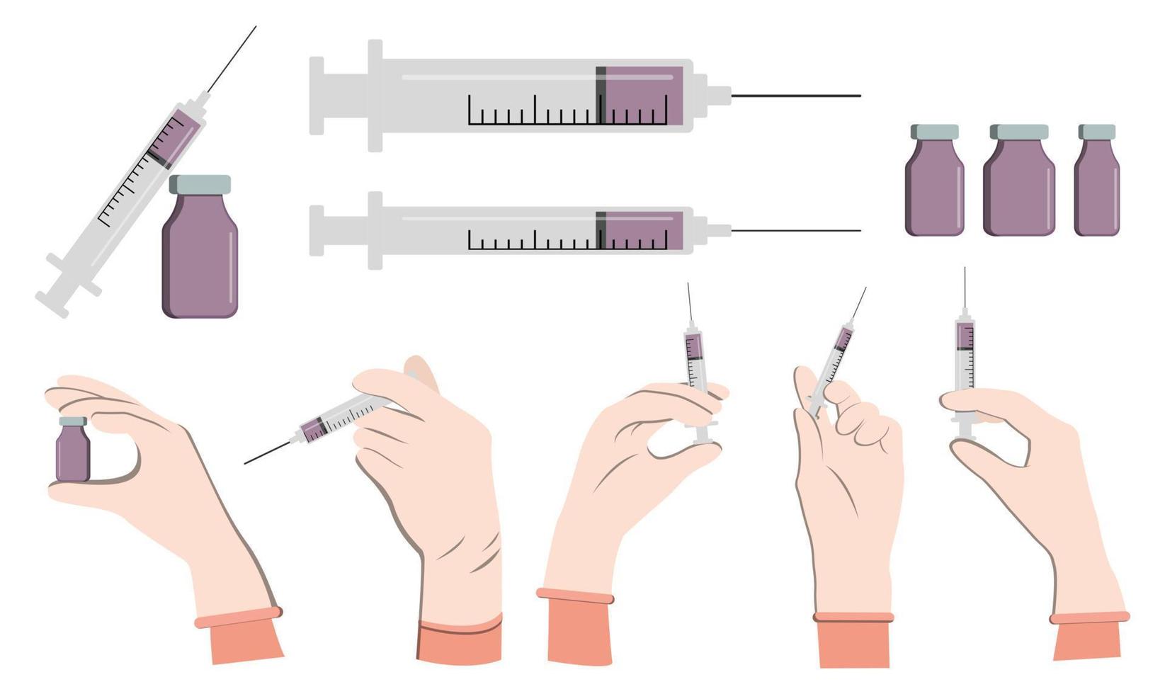 médico mano vestir guante participación jeringuilla con aguja Disparo para inyección, frasco de medicina con jeringuilla y ampolla con vacuna o medicamento. médico manos haciendo un inyección. vacunación gripe. vector