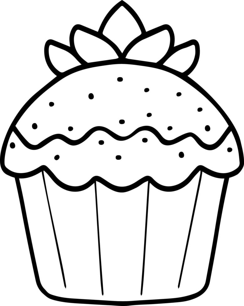 Vector illustration of a cupcake. Black and white illustration. An idea for holiday invitations, for coloring books, for postcards, for a cookbook, for children's creativity.