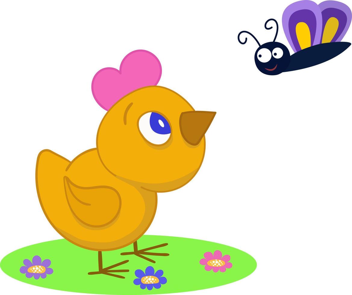Vector image of a yellow little chicken and a purple butterfly. Vector cartoon illustration isolated on a white background