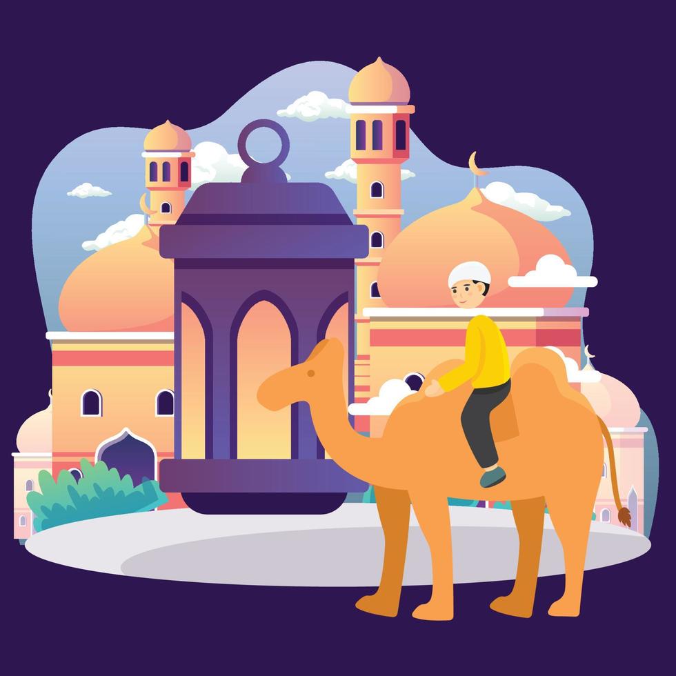 a child rides a camel and passes by a mosque vector