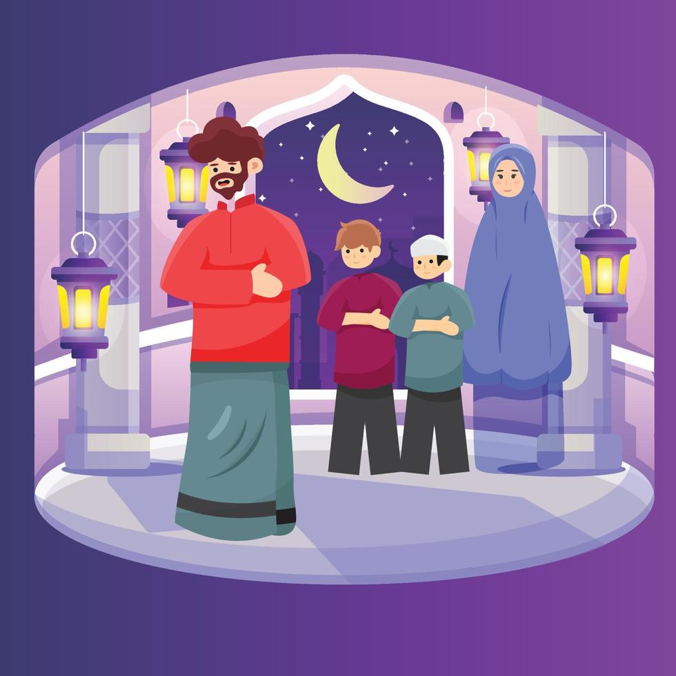 A family prays in congregation at home, with a mosque in the background vector