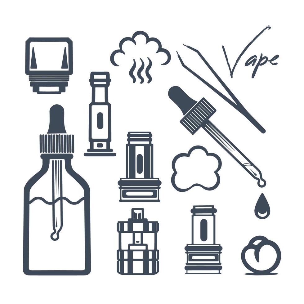 Different types of evaporators, a drop of liquid from a pipette, cotton wool and other accessories. Vape shop icons. Isolated on white background. Vector. vector