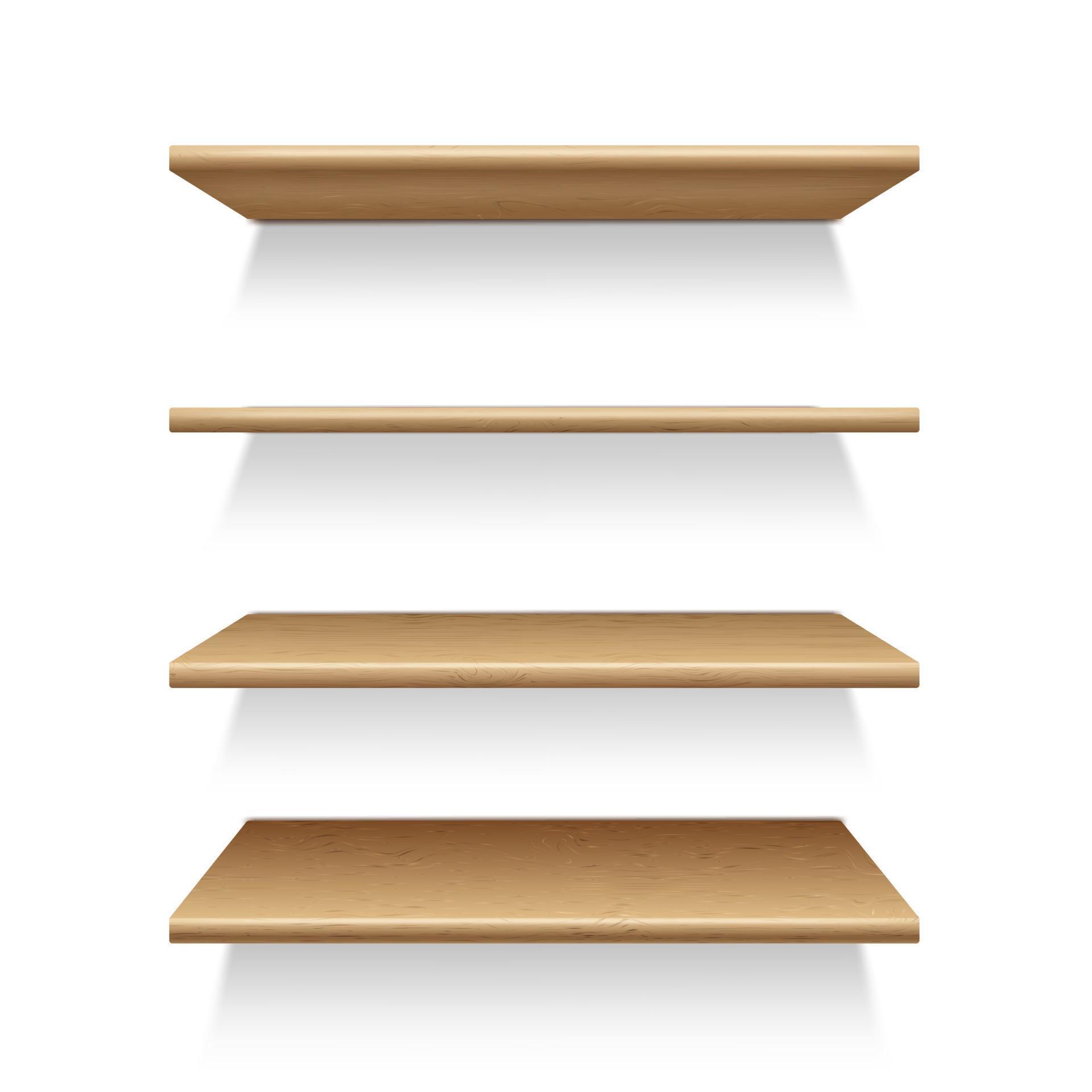 Mockup of four wooden shelves on the wall, in perspective. Shelving Mockup of four wooden shelves on the wall, in perspective. Shelving