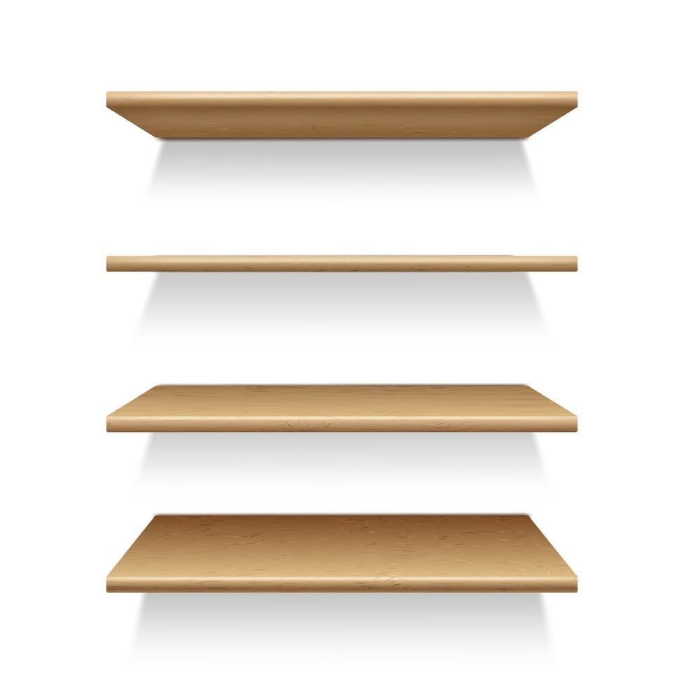 Mock-up of four wooden shelves on the wall, in perspective. Shelving for storage, template for advertising. Isolated on white background vector