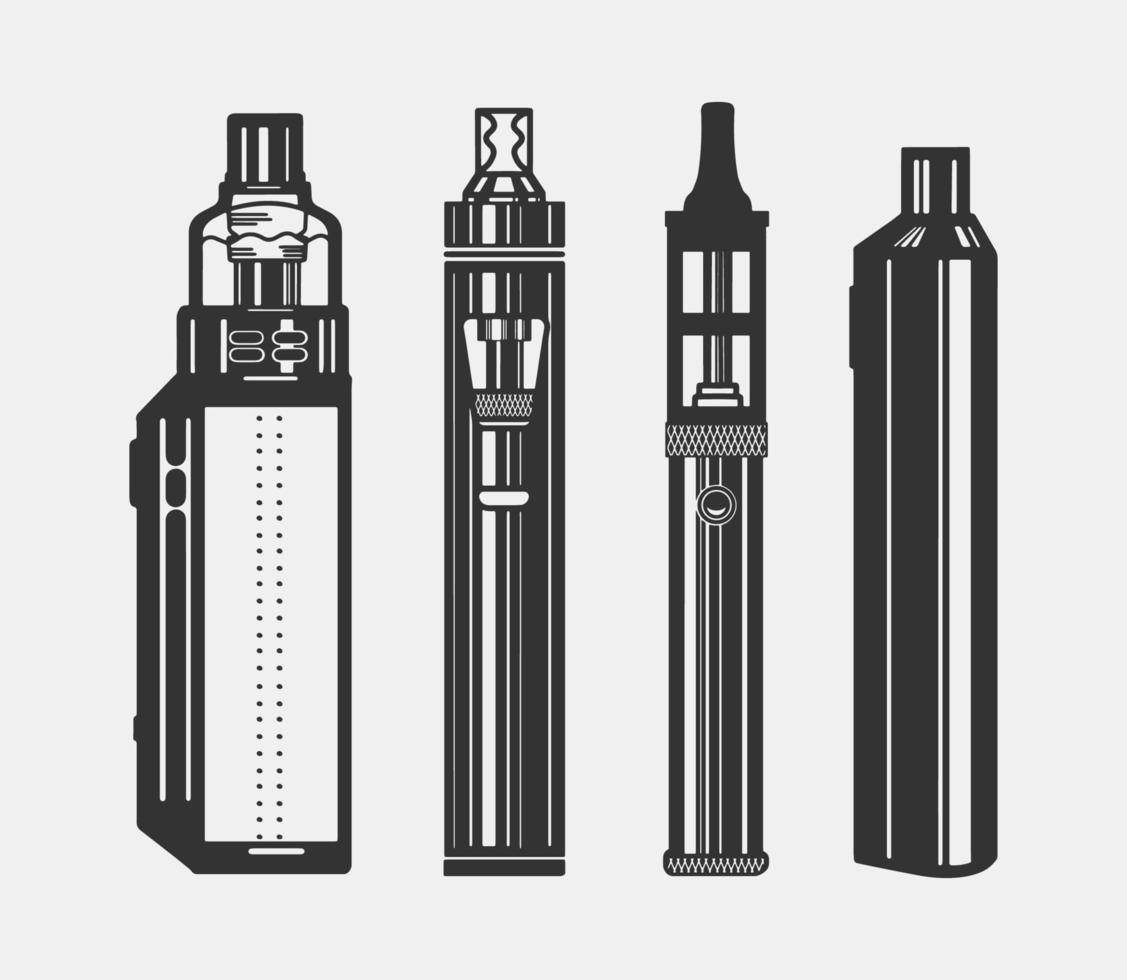 diferente tipos de electrónico cigarrillos íconos para vape tienda. aislado en blanco antecedentes. vector. vector