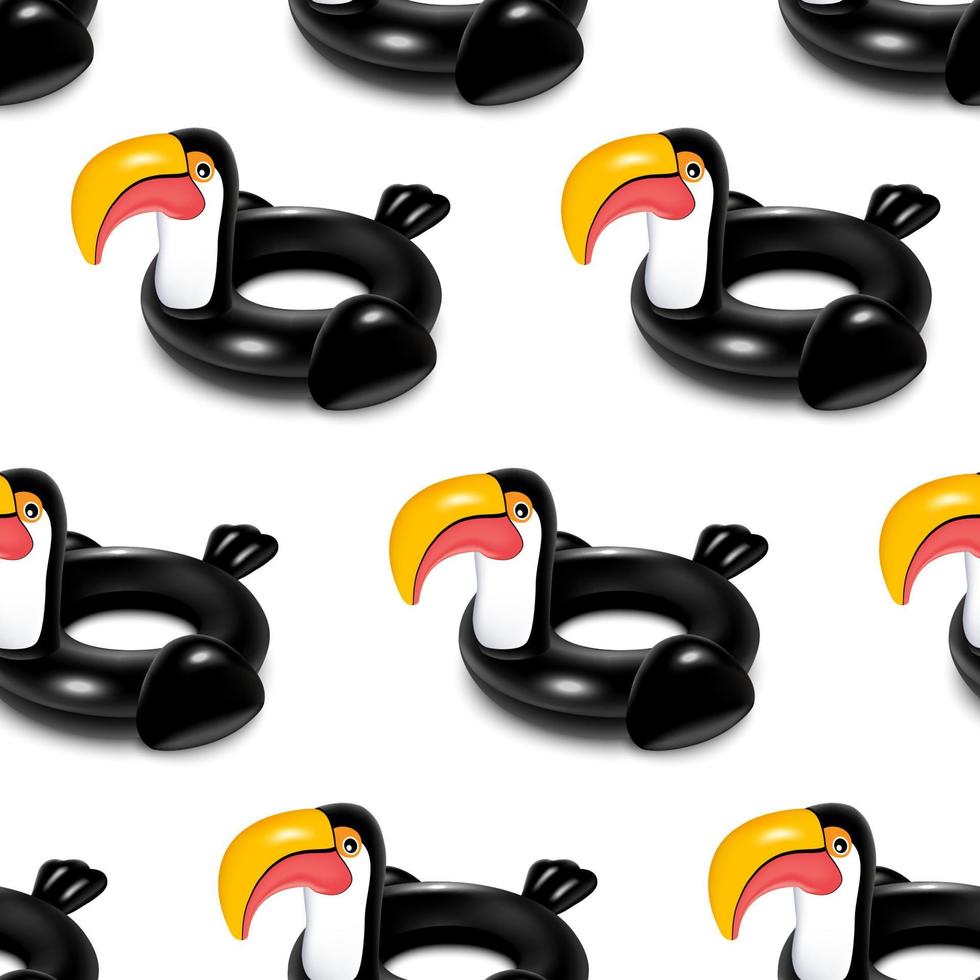 Black bright toucan on a white background seamless pattern. Swimming toy, design to decorate summer holiday items. Vector. vector