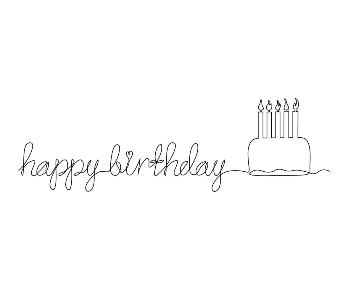 happy birthday inscription and cake with candles  Continuous One Line Drawing vector