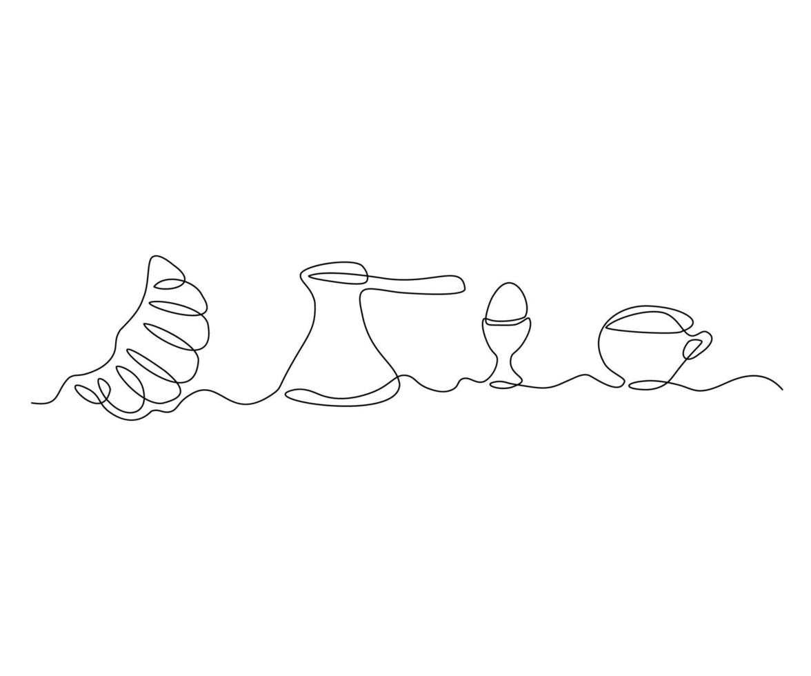 breakfast set, croissant, turk with coffee, cup of tea, soft-boiled egg Continuous One Line Drawing vector