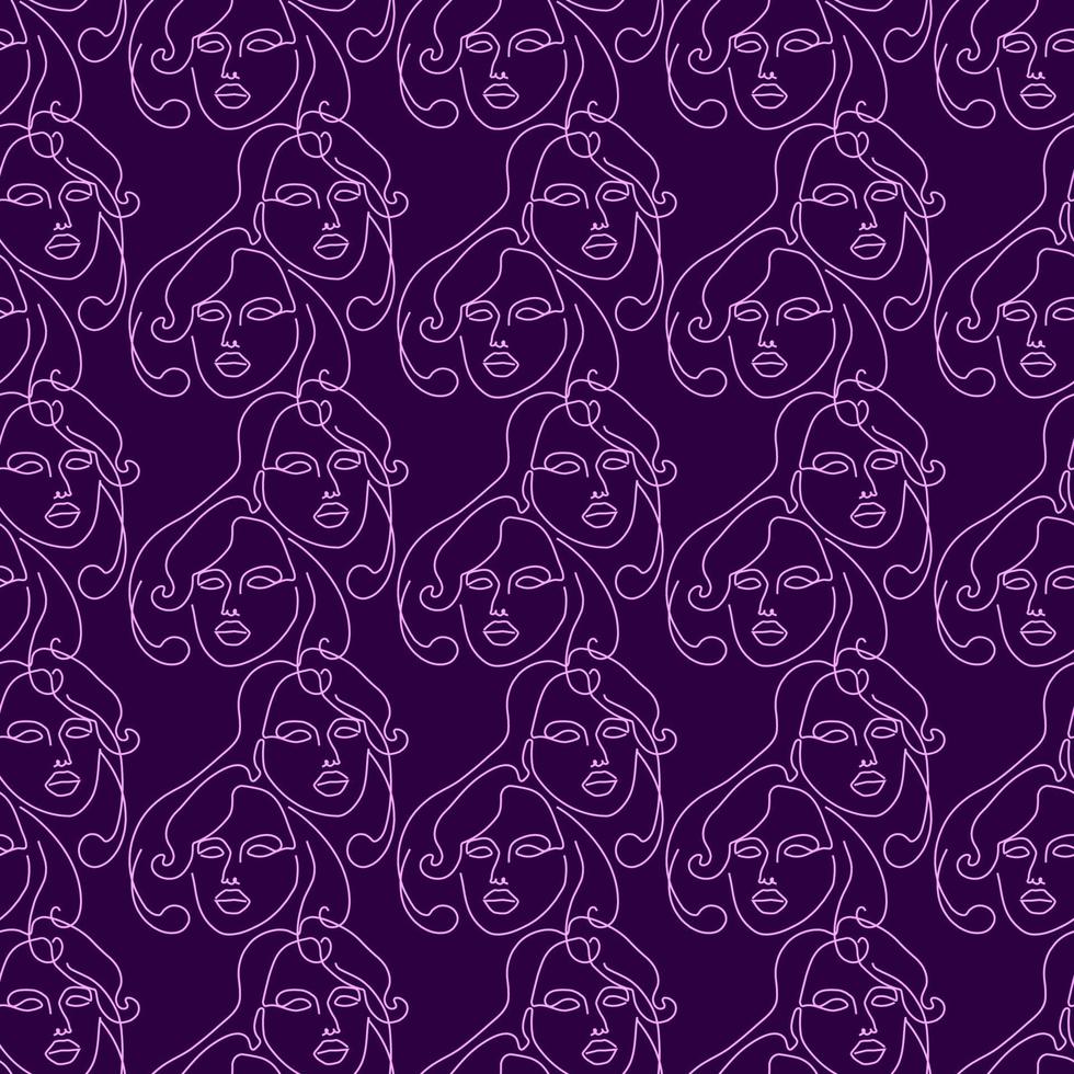 Seamless pattern with illustration woman face in a line art style on dark violet background vector