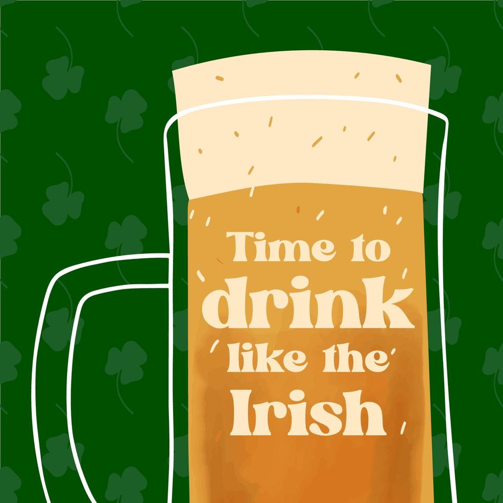 St.Patrick s day greeting card design with stylized illustration mug of beer on green background vector