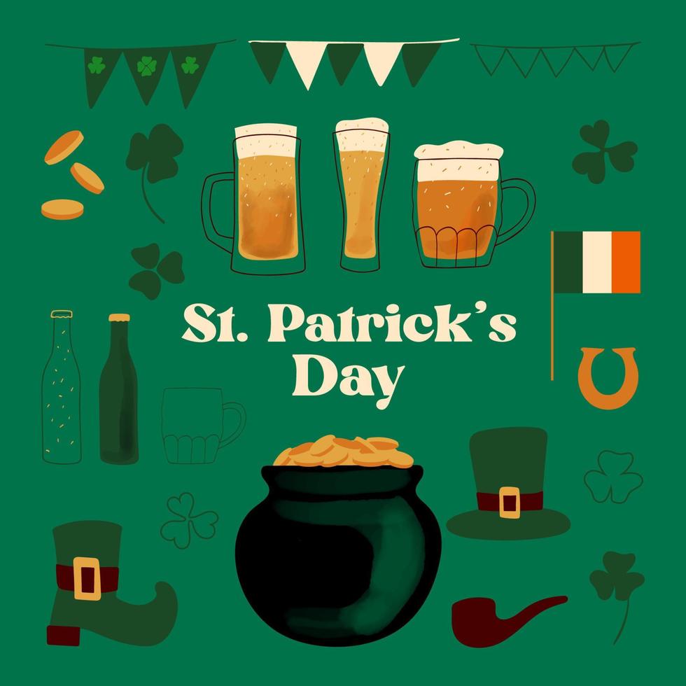 St.Patrick s day design elements stylized illustration mugs of bee pot coins hat on green background vector