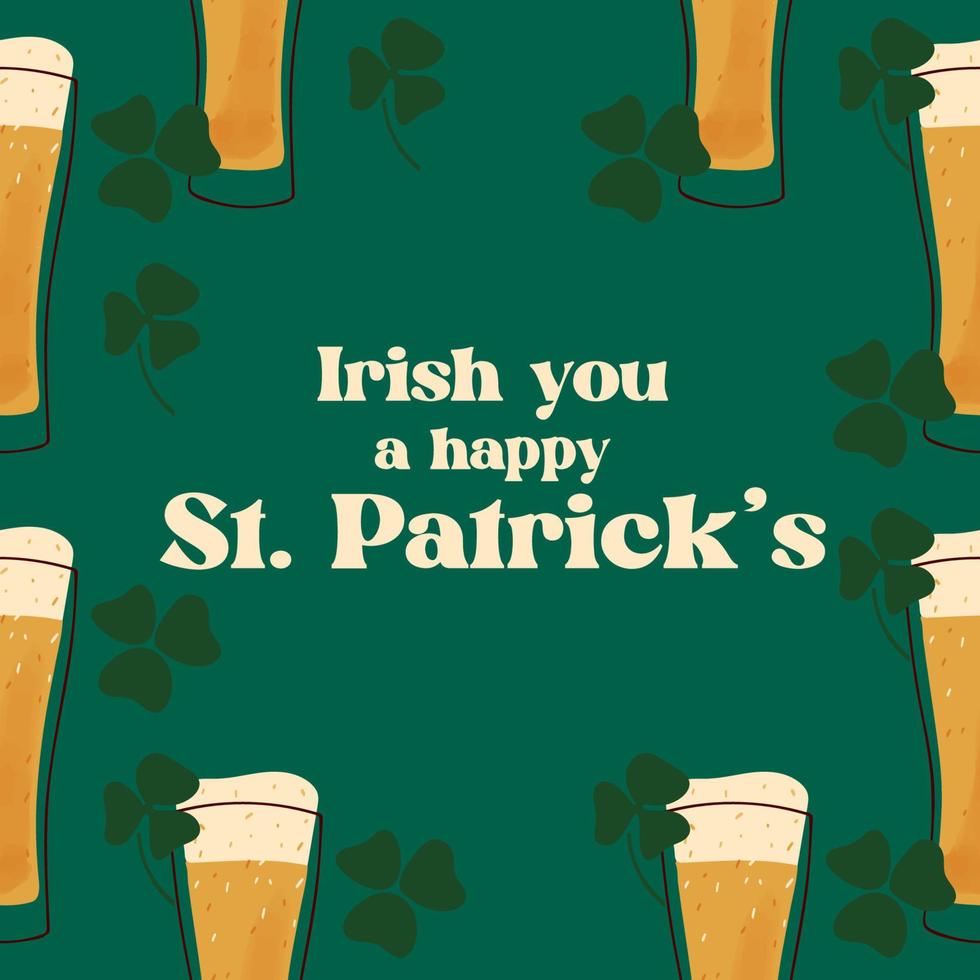 Happy St.Patrick s day card design with stylized mugs of beer illustration on green background vector