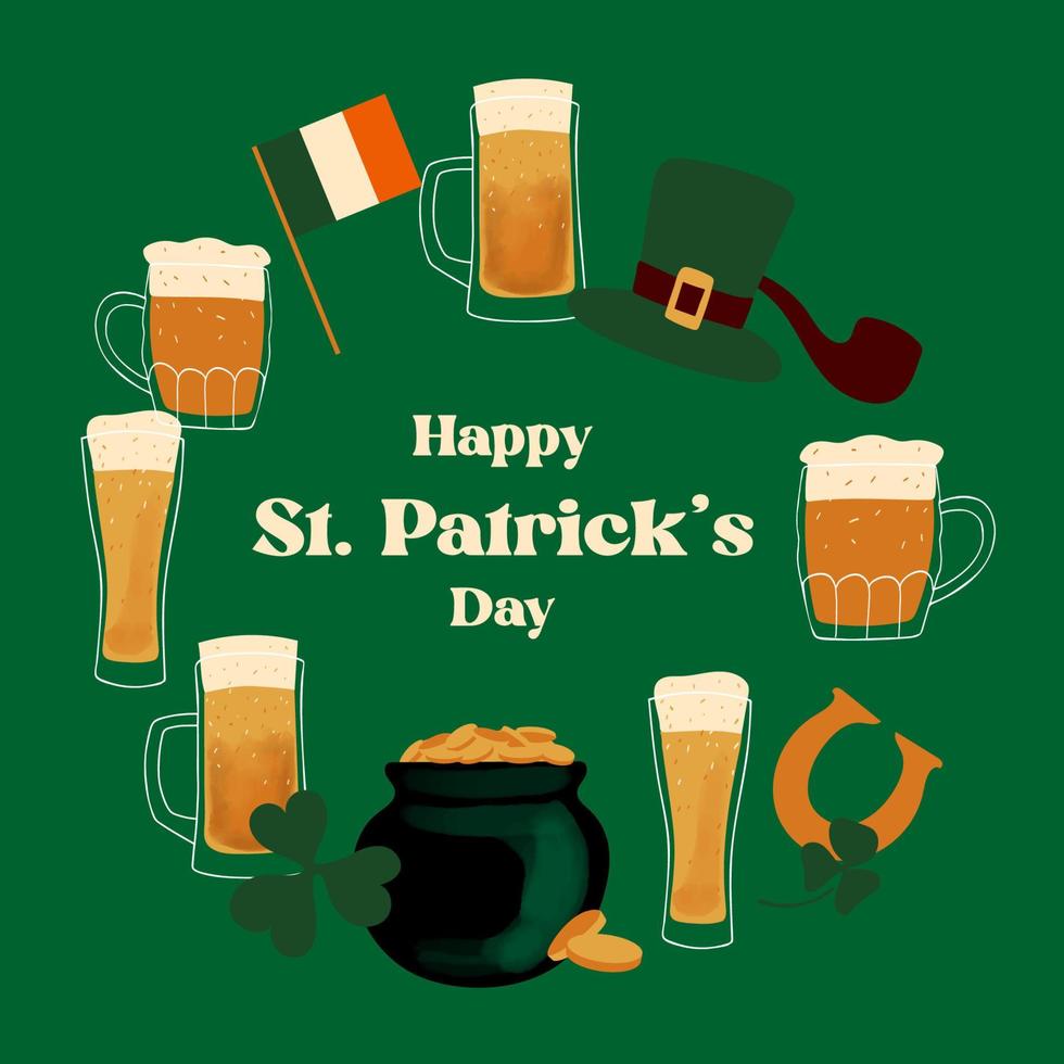 Happy St.Patrick s day greeting card design with stylized illustration traditional symbol mugs of beer pot coins on green background vector