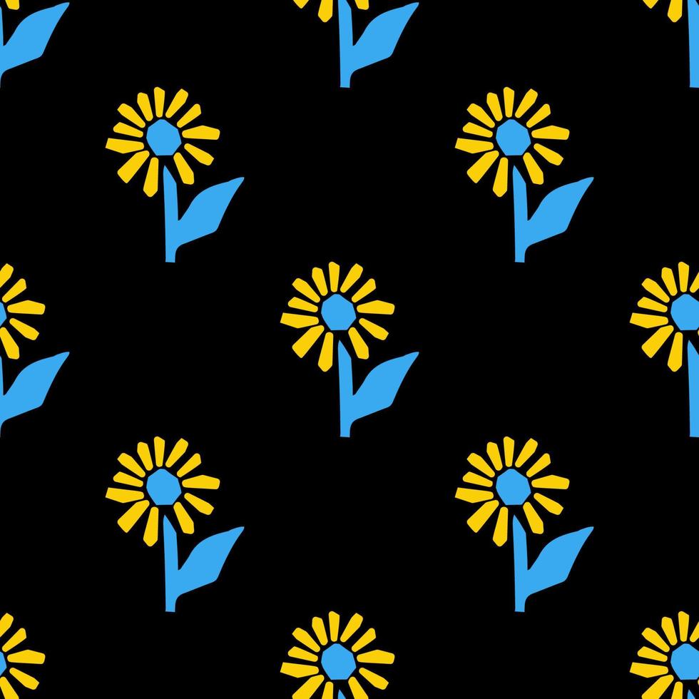 Seamless pattern with stylized illustration sunflower in cutting style blue and yellow color on black background vector