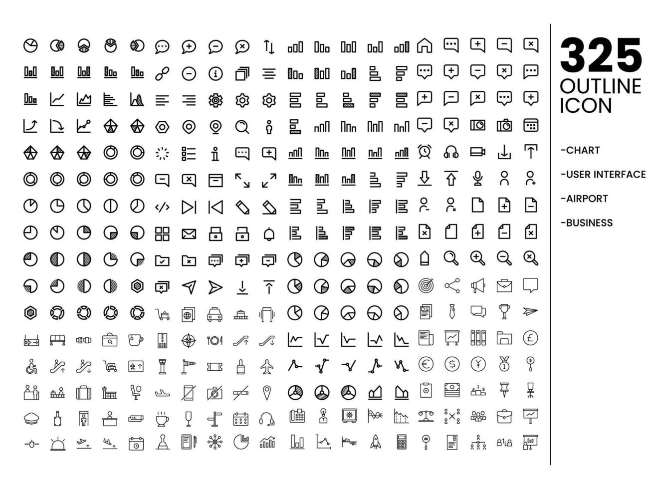 mega set outline icon set. chart, user interface, airport, business icon set vector