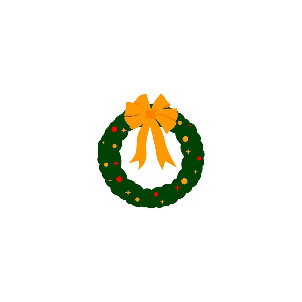 A green wreath with a yellow ribbon and orange bow is hanging on a white background. vector