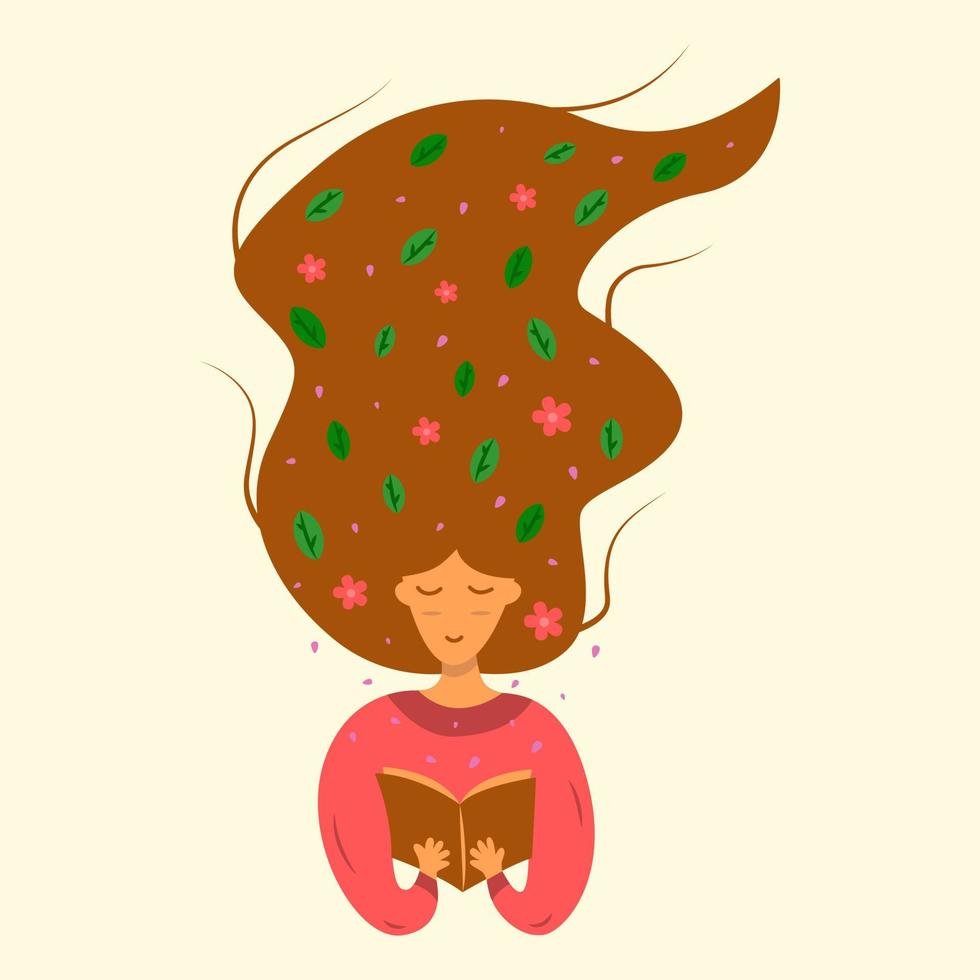 A girl with long red hair is reading a book vector