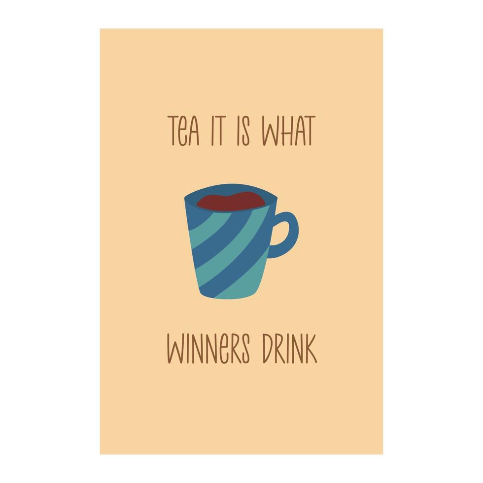 Card with a cute blue cup of tea. Vector cartoon