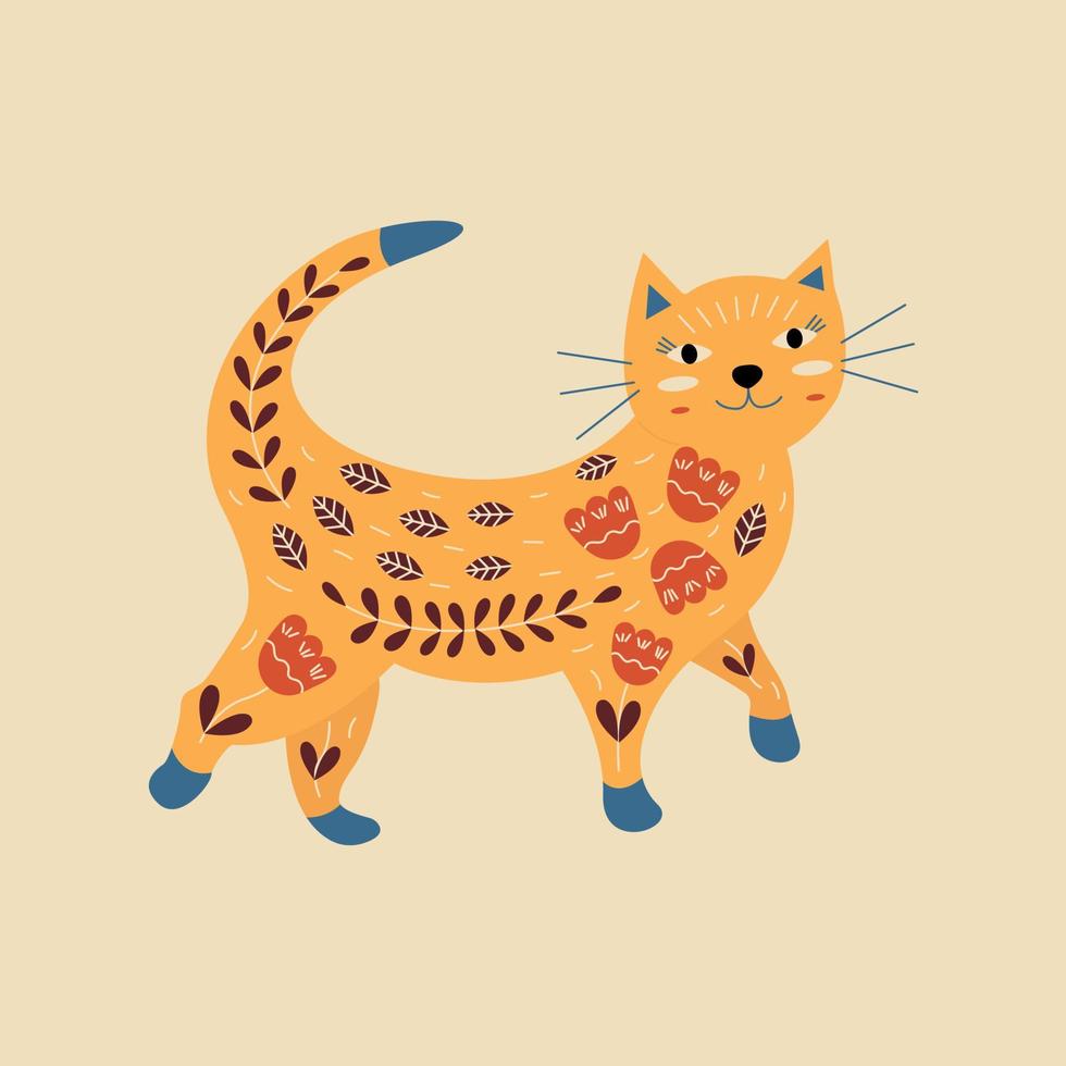 un caminando gato en flores y hojas con azul patas vector