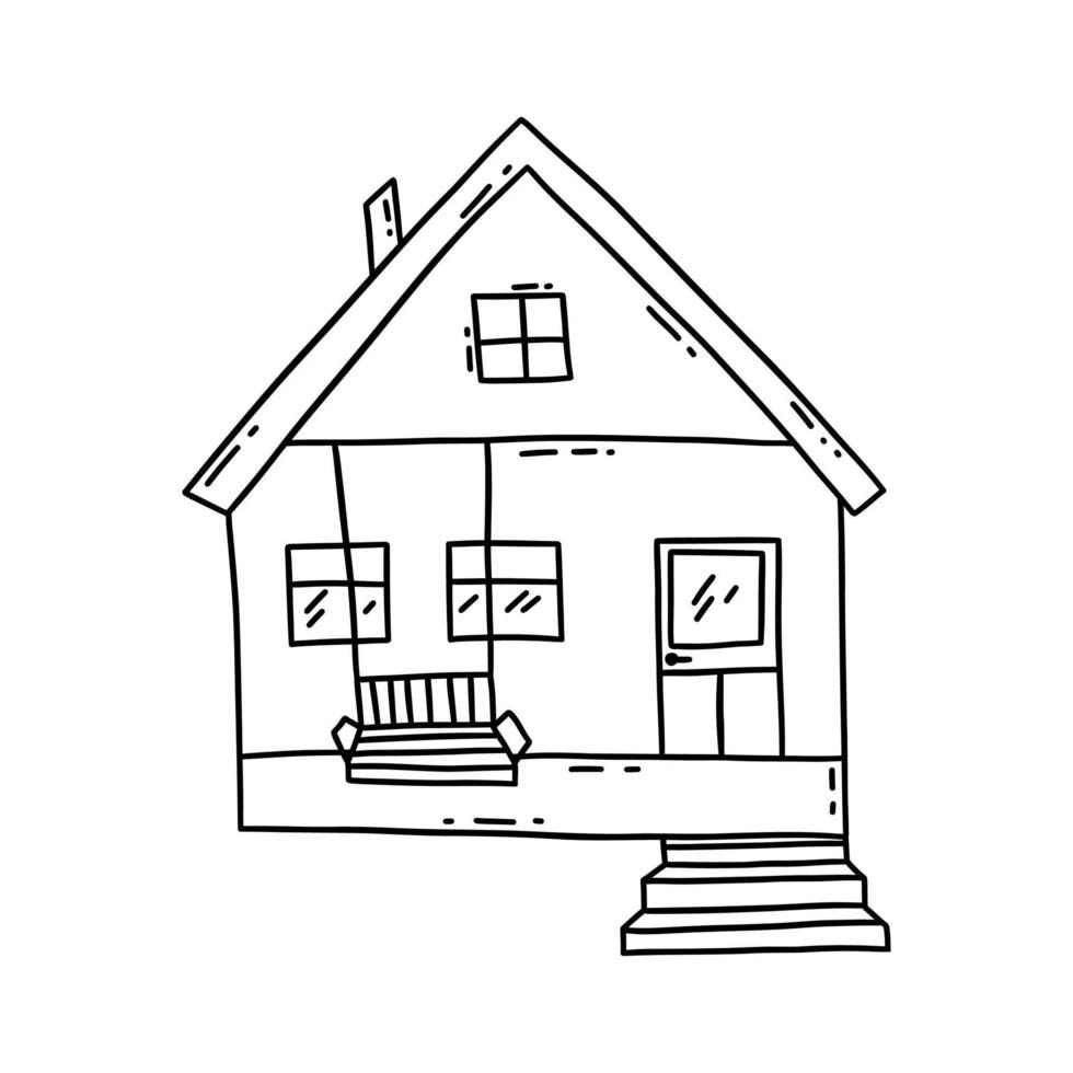 Cute house with terrace and swing. Vector doodle
