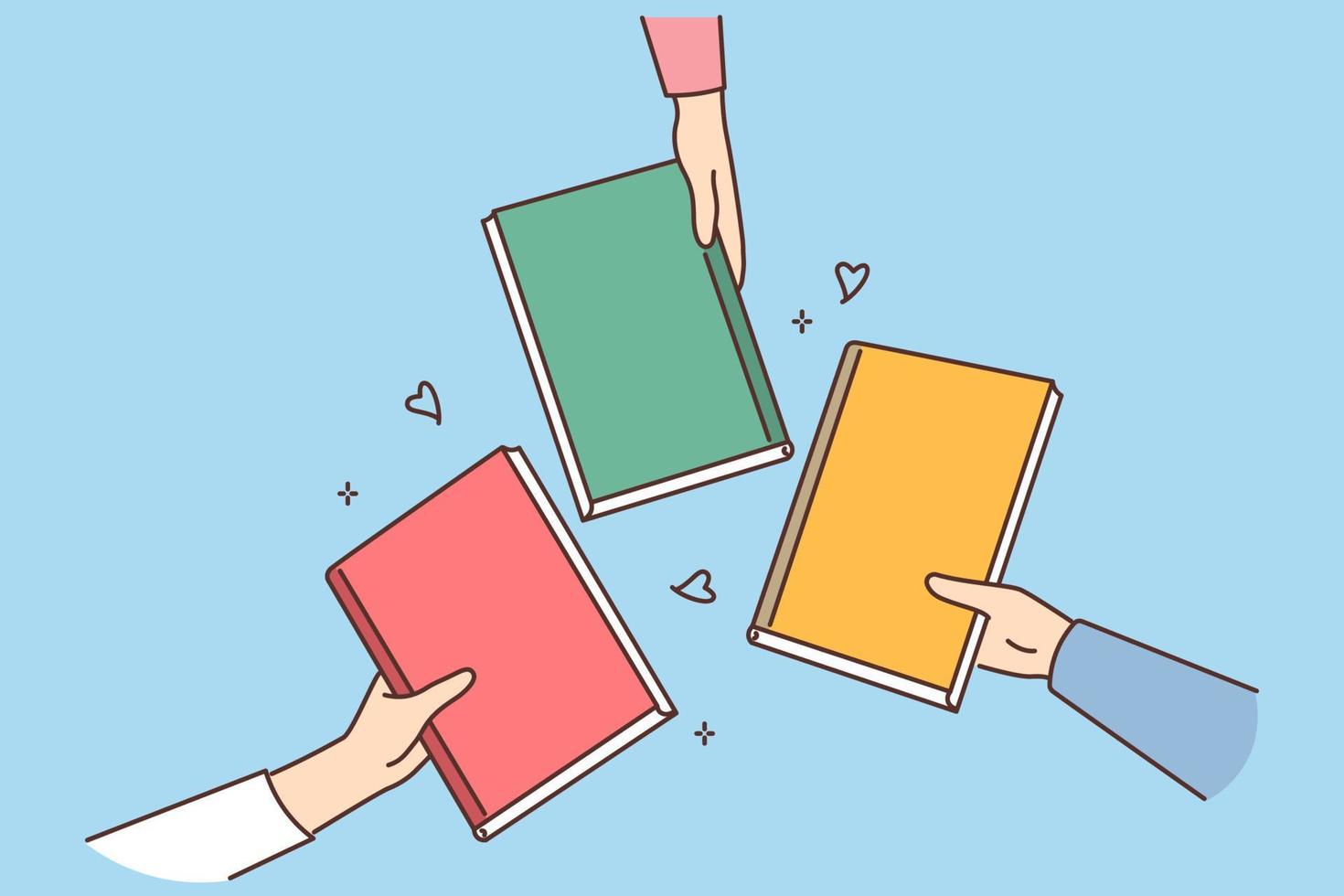 Diverse people holding notebooks in hands. Students show colorful textbook or notepads. Education and learning. Vector illustration.