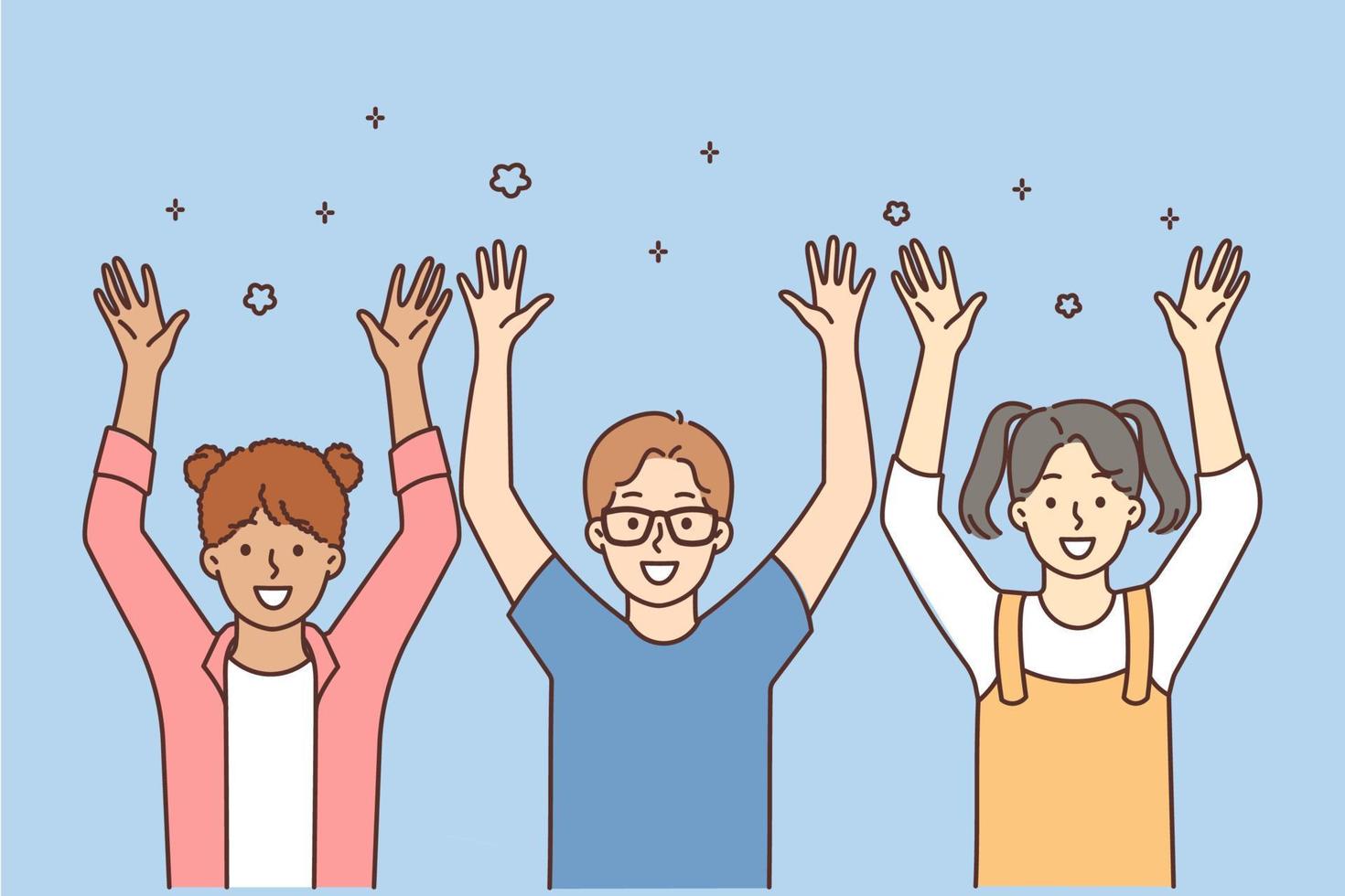 Happy diverse kids raise hands up in air celebrate together. Smiling multiracial children have fun enjoy funny game. Vector illustration.