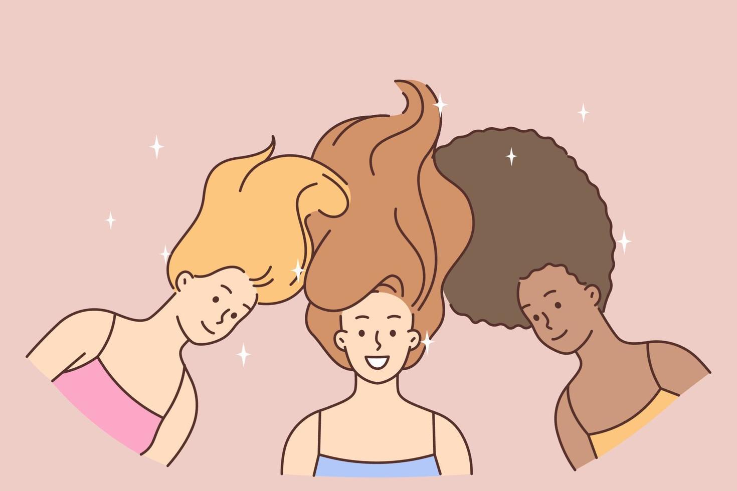 Smiling diverse women with long healthy hair promote concept of international beauty. Happy multiethnic interracial girls posing together. Vector illustration.