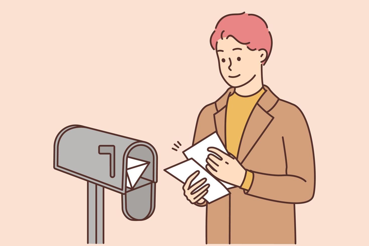 Smiling man receive letters from letterbox near house. Happy guy get letters by mail. Post and postal services. Vector illustration.