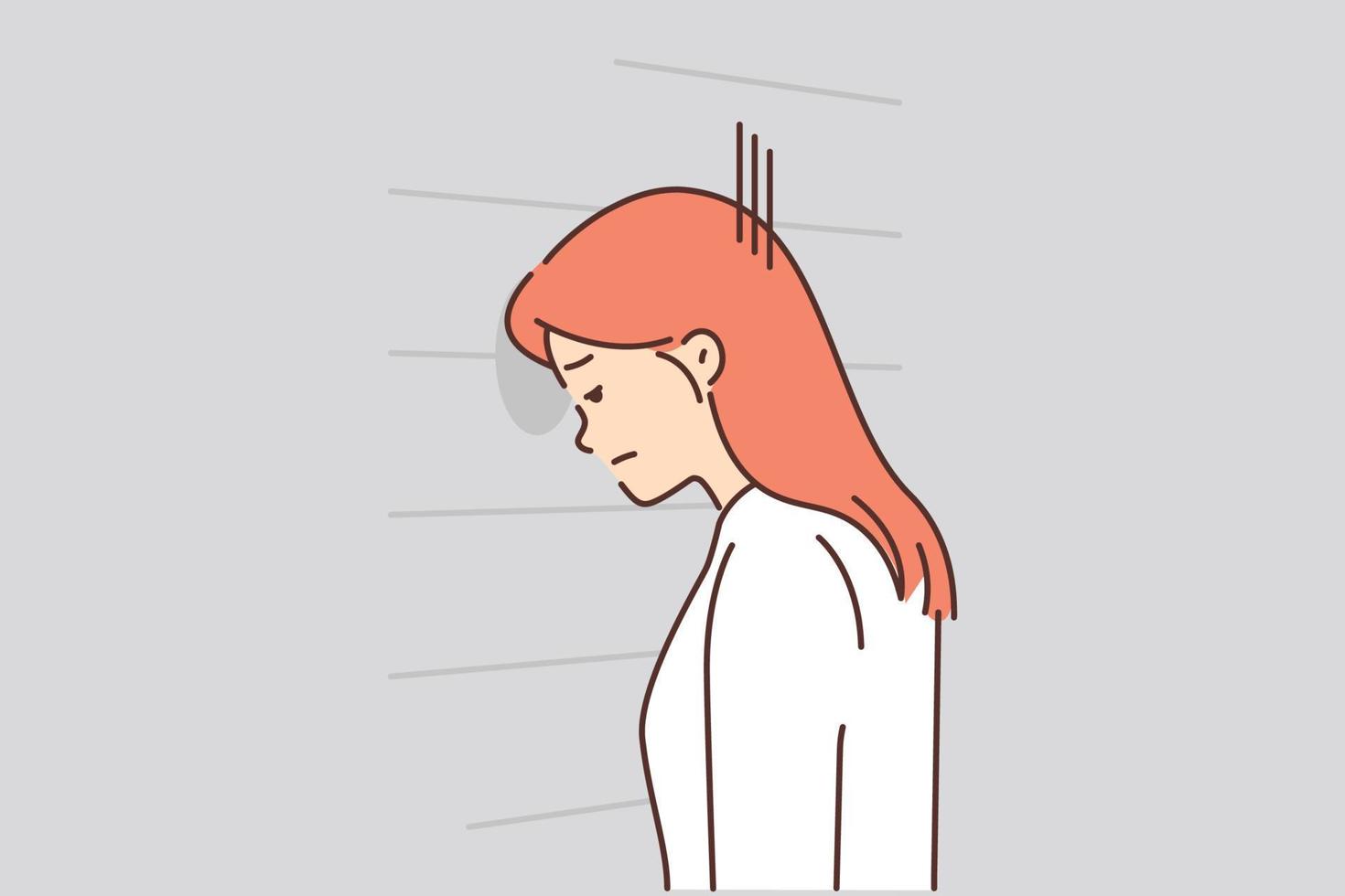 Upset woman banging her head against wall in despair looks stressed. Failed job interview concept vector