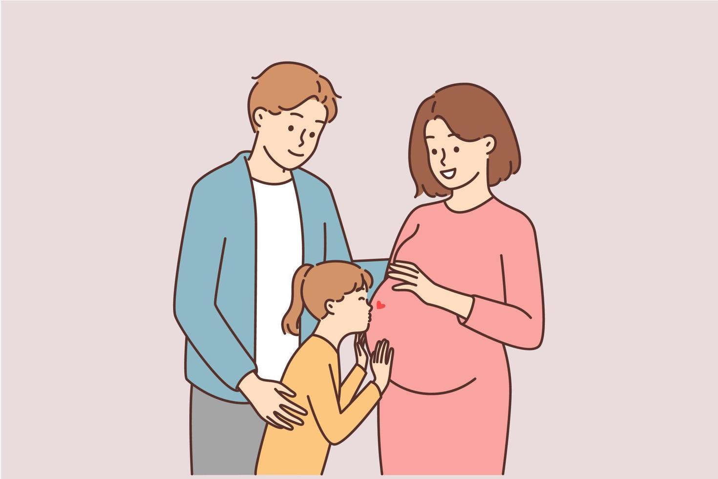 el concepto de un contento joven familia. esperando para un nuevo familia miembro. lleno y contento grande familia. niño Besos barriga de embarazada madre. vector