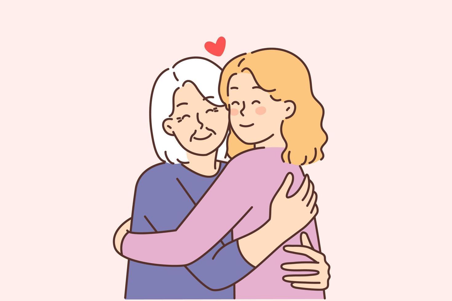 Smiling elderly grandmother hug loving woman. Happy caring grownup daughter embrace old mother. Family reunion. Vector illustration.