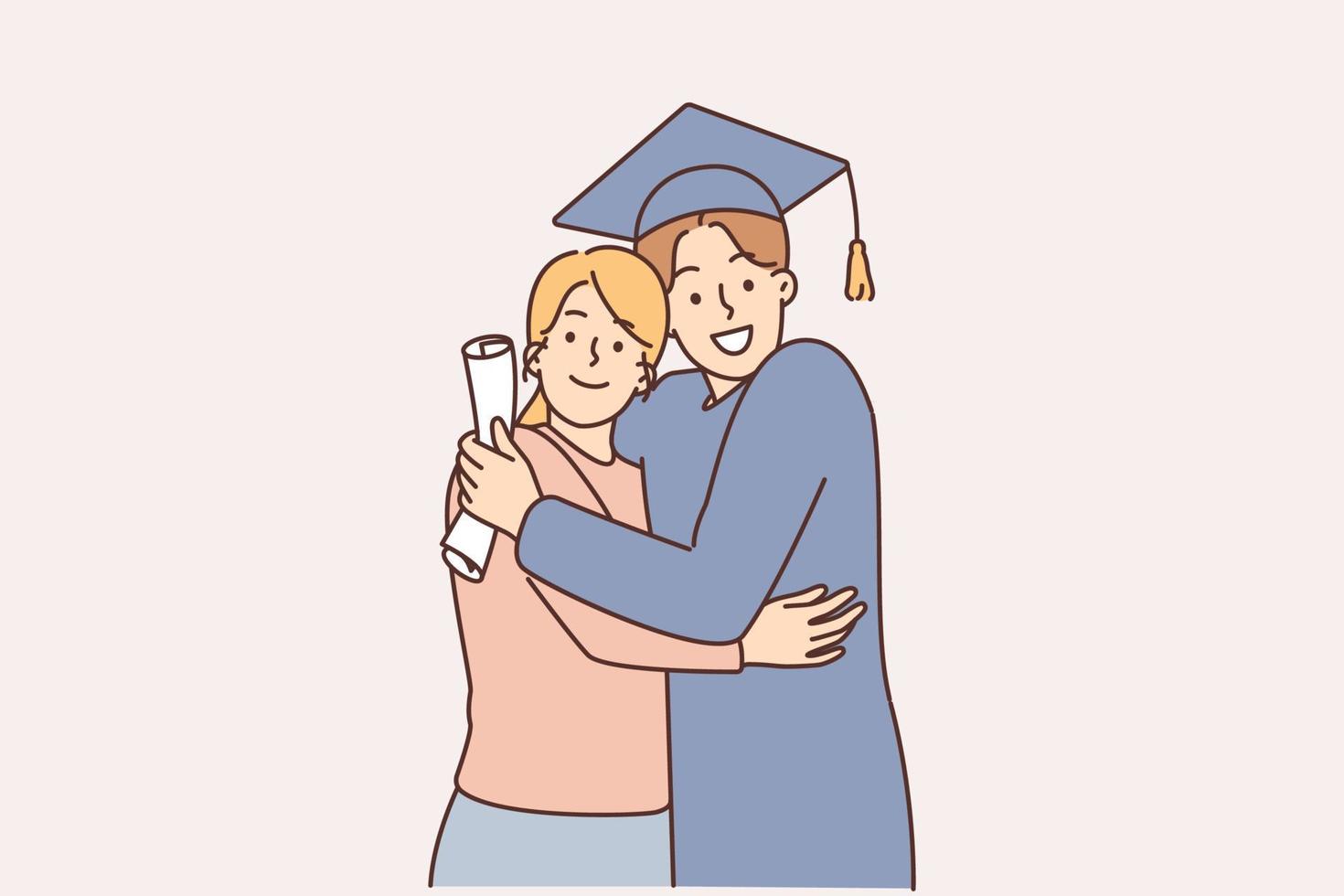 Graduate concept. A young graduate in a cap with a diploma next to his mother. The young specialist graduated from the university. Education and training, learning. vector