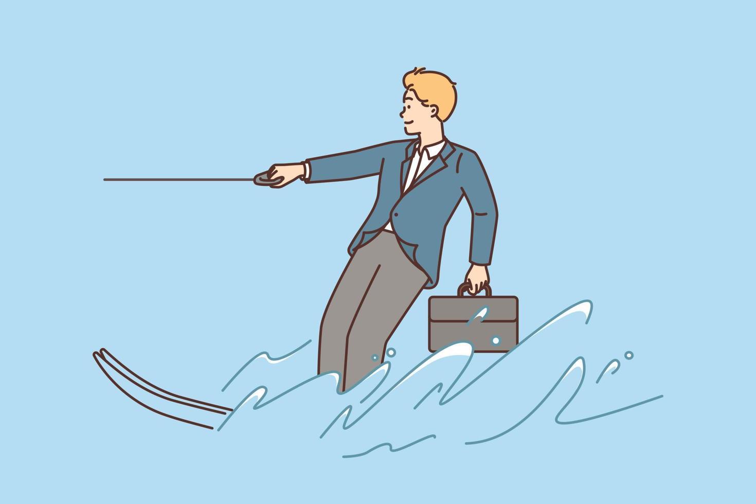 Businessman riding on water ski in ocean. Smiling motivated male employee excited about startup or new project. Vector illustration.