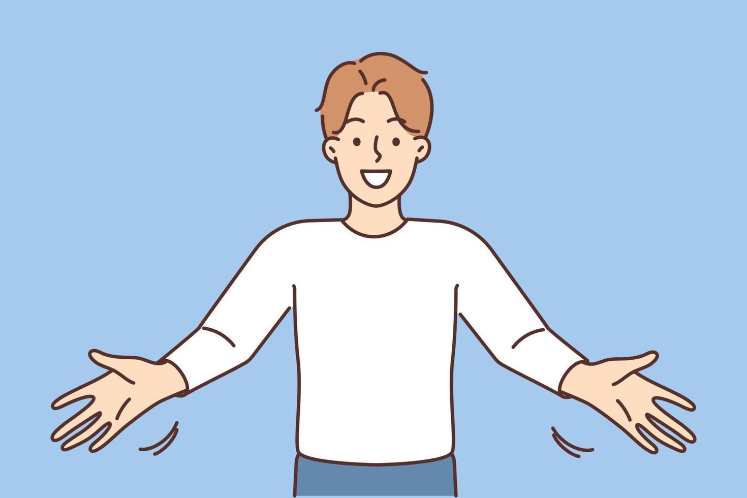 Smiling man with arms stretched open friend or colleague. Happy guy make hand gesture feel positive welcome or meet newcomer. Vector illustration.