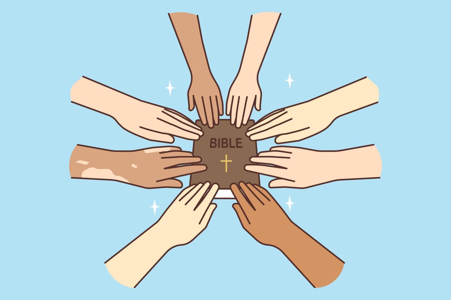 Close-up of different interracial people holding onto a book of the Holy Bible praying together. A multinational group holding a Bible is engaged in prayer. Religion and faith. Vector illustration.