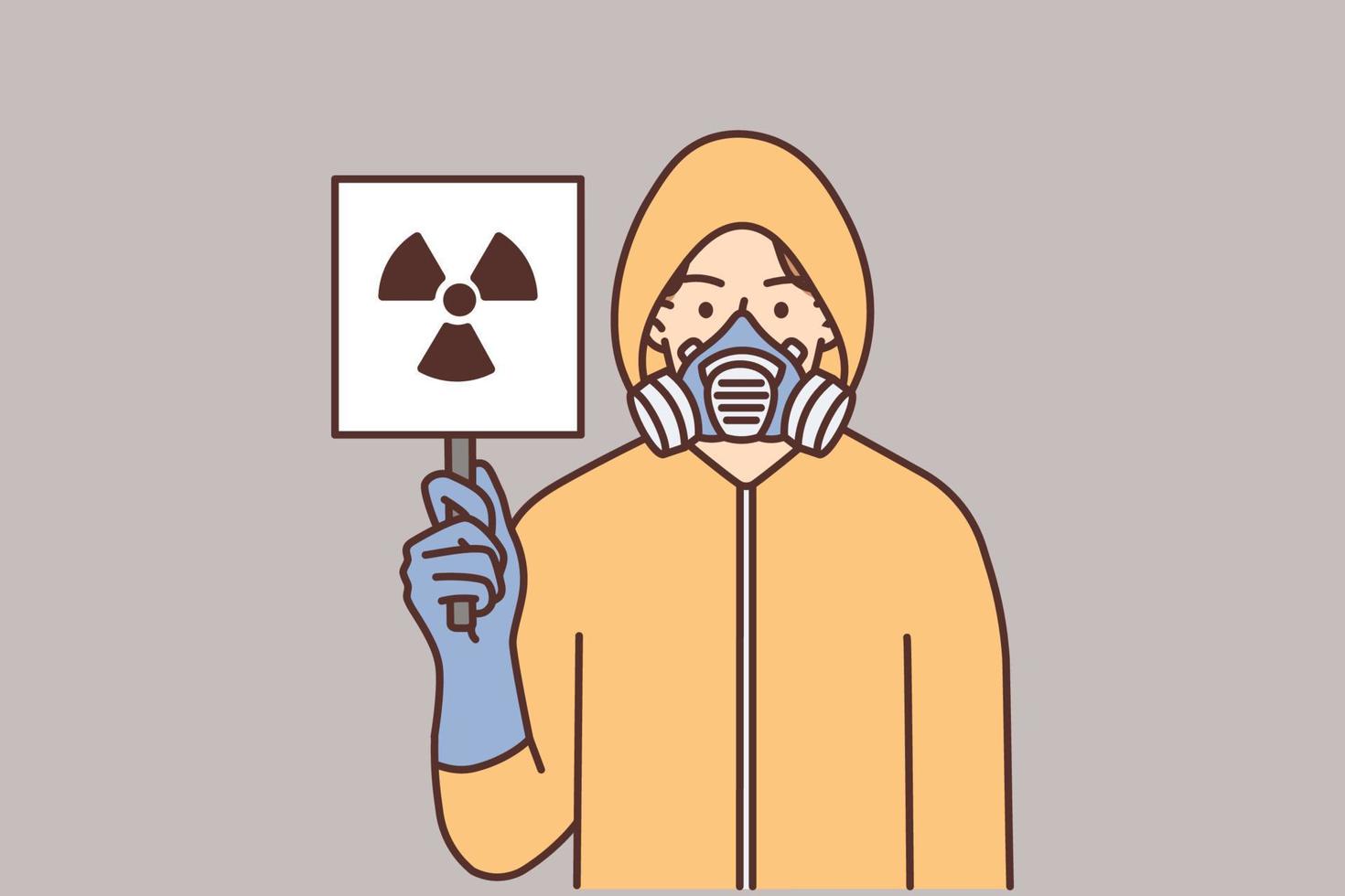 Man in protective uniform showing sign of radiation. Male in suit and
