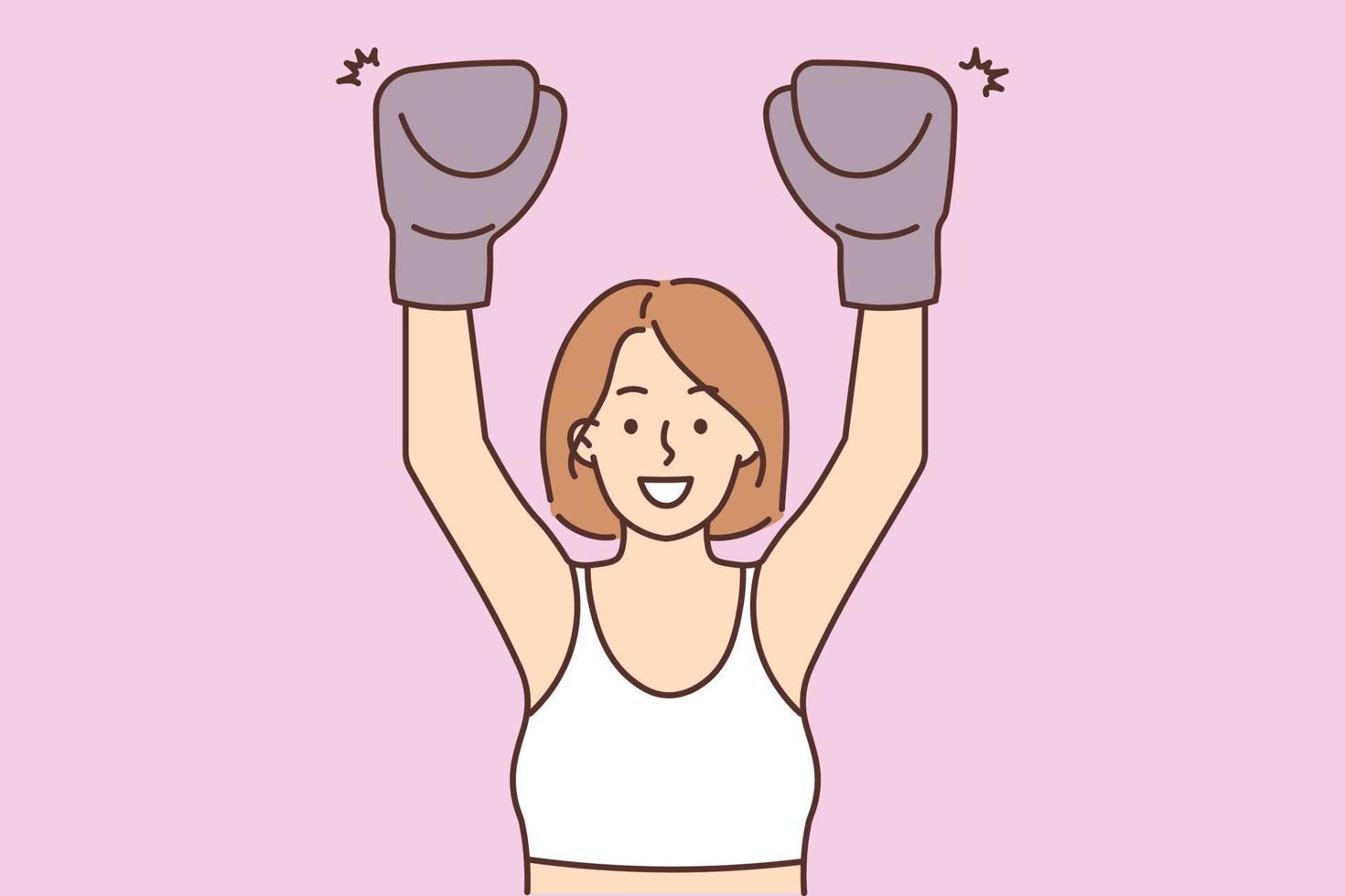 sonriente activo mujer en boxeo guantes hacer Deportes seguir sano vida. contento tonificado hembra Boxer formación o haciendo ejercicio vector ilustración.