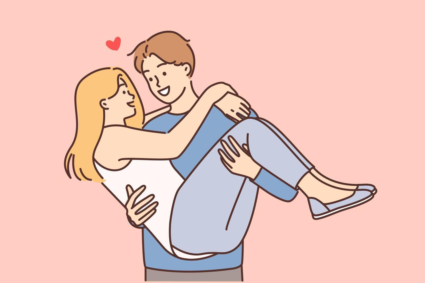 Smiling loving man hold in arms excited woman. Happy guy carrying in hands joyful girl. Love and relationships. Vector illustration.