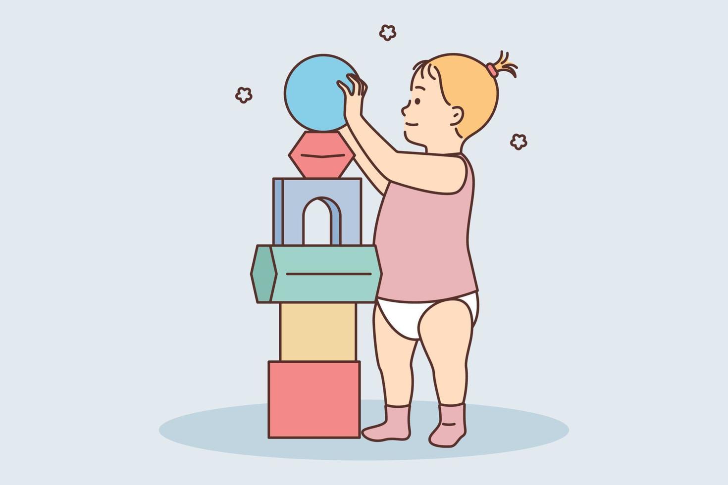 niña niñito jugando con vistoso bloques a hogar. contento niño tener divertido construir torre con ladrillos comprometido en juguetón actividad. vector ilustración.