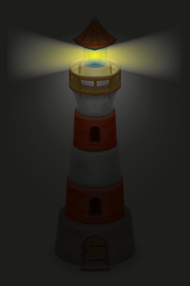 old stone lighthouse for signaling ships at night vector illustration isolated on white background