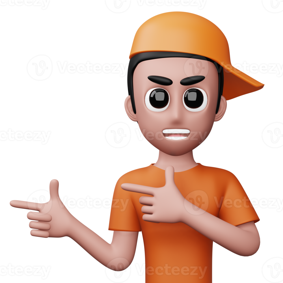 Happy excited man pointing to the side, Cute cartoon character, 3d rendering png
