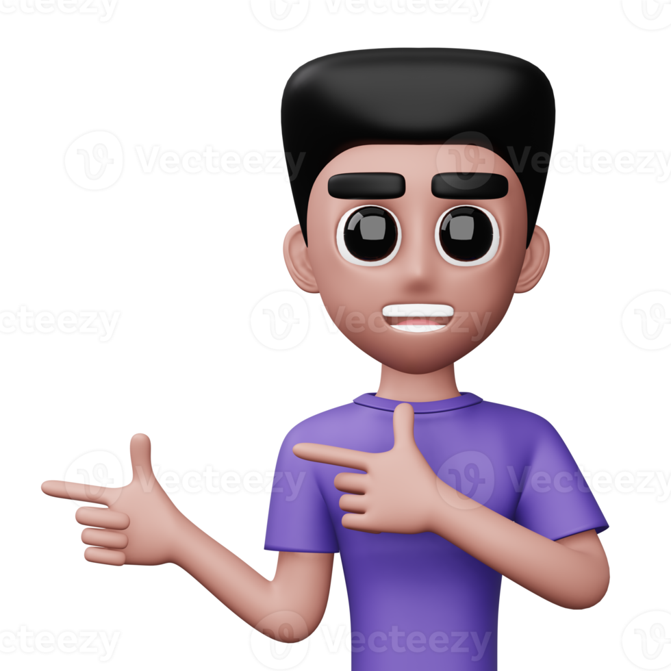 Happy excited man pointing to the side, Cute cartoon character, 3d rendering png
