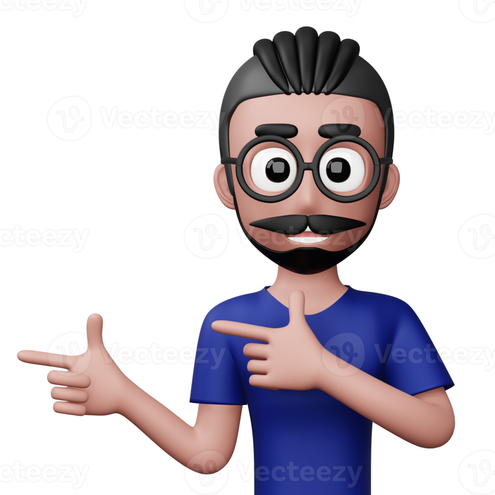 Happy excited man pointing to the side, Cute cartoon character, 3d rendering png