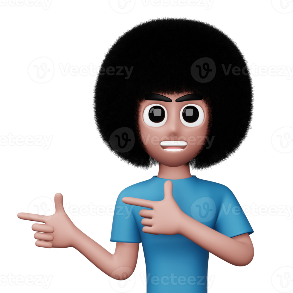 Happy excited man pointing to the side, Cute cartoon character, 3d rendering png