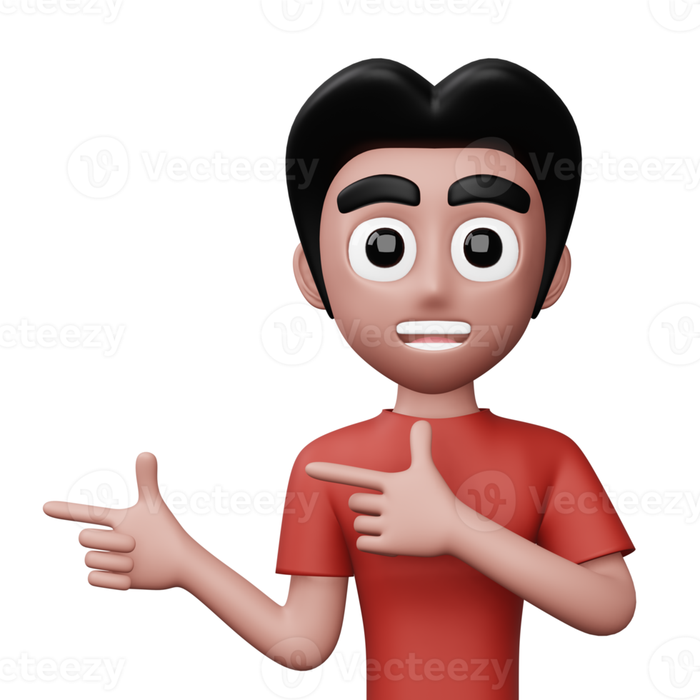 Happy excited man pointing to the side, Cute cartoon character, 3d rendering png