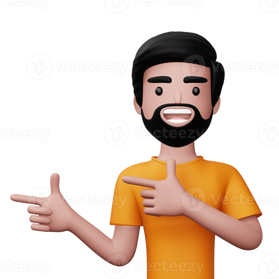 Happy excited man pointing to the side, Cute cartoon character, 3d rendering png