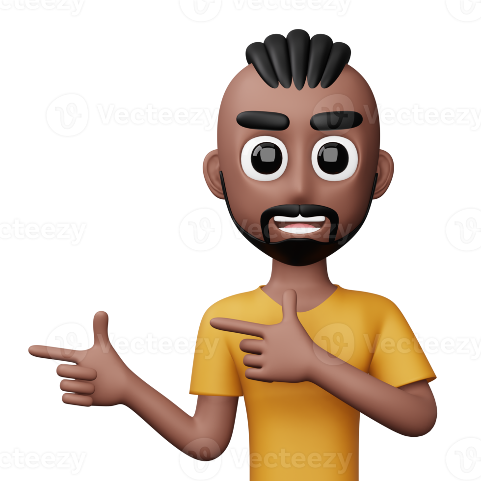 Happy excited man pointing to the side, Cute cartoon character, 3d rendering png