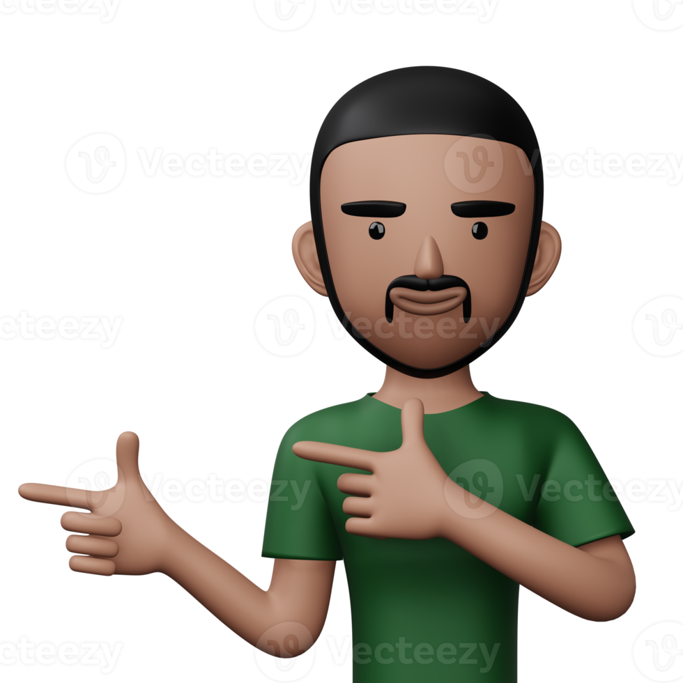 Happy excited man pointing to the side, Cute cartoon character, 3d rendering png