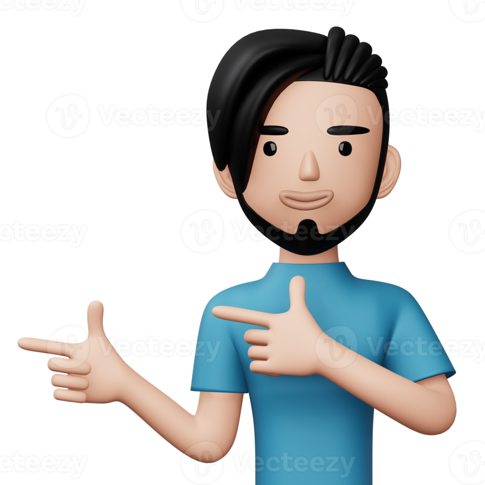 Happy excited man pointing to the side, Cute cartoon character, 3d rendering png